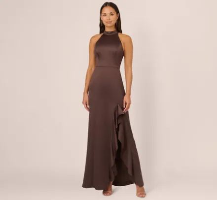 Adrianna Papell Wedding Guest Dresses|Formal Dresses*Satin Halter Mermaid Gown With Ruffle Trim In Dark Brown