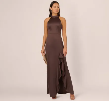 Adrianna Papell Wedding Guest Dresses|Formal Dresses*Satin Halter Mermaid Gown With Ruffle Trim In Dark Brown