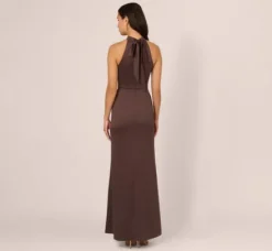Adrianna Papell Wedding Guest Dresses|Formal Dresses*Satin Halter Mermaid Gown With Ruffle Trim In Dark Brown