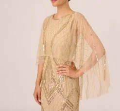 Adrianna Papell Wedding Guest Dresses|Formal Dresses*Scallop Beaded Cape Column Gown In