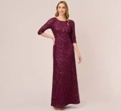 Adrianna Papell Wedding Guest Dresses|Formal Dresses*Scoop Back Sequin Gown With Three Quarter Sleeves In