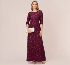 Adrianna Papell Wedding Guest Dresses|Formal Dresses*Scoop Back Sequin Gown With Three Quarter Sleeves In