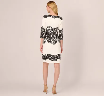 Adrianna Papell Day Dresses|Little White Dresses*Scroll Lace Midi Dress With Three Quarter Sleeves In Ivory Black