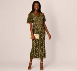 Adrianna Papell Wedding Guest Dresses|Grandmother Of The Bride & Groom*Sequin Beaded Ankle Length Dress With Flutter Sleeves In