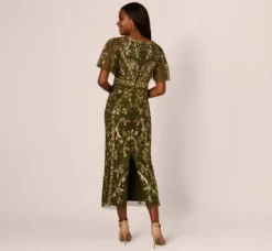 Adrianna Papell Wedding Guest Dresses|Grandmother Of The Bride & Groom*Sequin Beaded Ankle Length Dress With Flutter Sleeves In