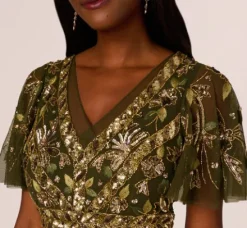 Adrianna Papell Wedding Guest Dresses|Grandmother Of The Bride & Groom*Sequin Beaded Ankle Length Dress With Flutter Sleeves In
