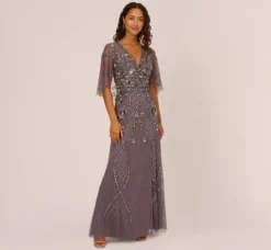 Adrianna Papell Wedding Guest Dresses|Formal Dresses*Sequin Beaded Gown With Sheer Cape Sleeves In