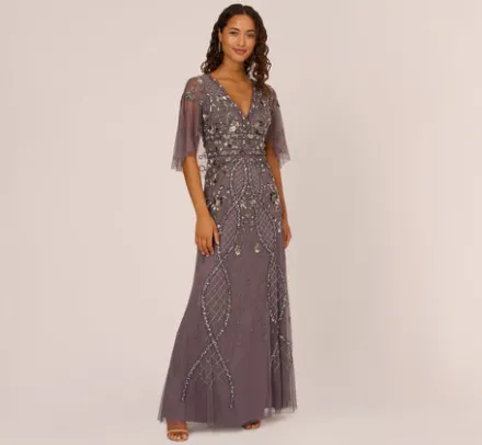 Adrianna Papell Wedding Guest Dresses|Formal Dresses*Sequin Beaded Gown With Sheer Cape Sleeves In