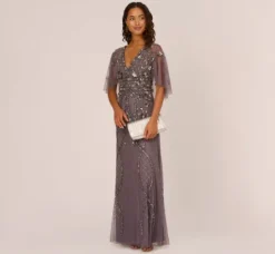Adrianna Papell Wedding Guest Dresses|Formal Dresses*Sequin Beaded Gown With Sheer Cape Sleeves In