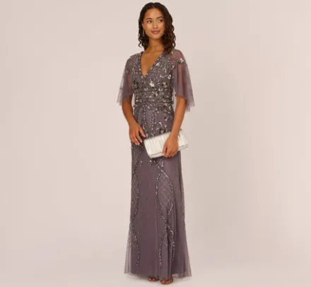 Adrianna Papell Wedding Guest Dresses|Formal Dresses*Sequin Beaded Gown With Sheer Cape Sleeves In