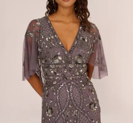 Adrianna Papell Wedding Guest Dresses|Formal Dresses*Sequin Beaded Gown With Sheer Cape Sleeves In