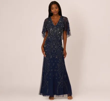 Adrianna Papell Wedding Guest Dresses|Formal Dresses*Sequin Beaded Gown With Sheer Cape Sleeves In Light Navy