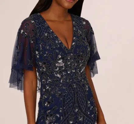 Adrianna Papell Wedding Guest Dresses|Formal Dresses*Sequin Beaded Gown With Sheer Cape Sleeves In Light Navy