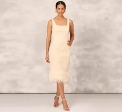 Adrianna Papell Wedding Guest Dresses|Petite-Friendly*Sequined And Embroidered Midi-Length Sheath Cocktail Dress With Feather Trim In