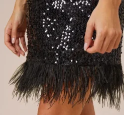 Adrianna Papell Wedding Guest Dresses*Sequined Trapeze Halter Dress With Feather Trim In