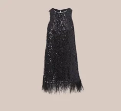 Adrianna Papell Wedding Guest Dresses*Sequined Trapeze Halter Dress With Feather Trim In