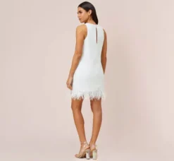 Adrianna Papell Little White Dresses*Sequined Trapeze Halter Dress With Feather Trim In