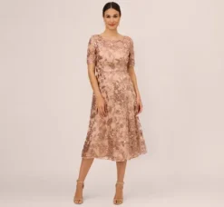 Adrianna Papell Wedding Guest Dresses|Petite-Friendly*Sequin Embroidered Midi Dress With Sheer Short Sleeves In