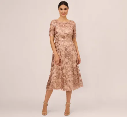 Adrianna Papell Wedding Guest Dresses|Petite-Friendly*Sequin Embroidered Midi Dress With Sheer Short Sleeves In