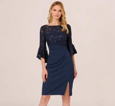 Adrianna Papell Wedding Guest Dresses|Day Dresses*Sequin Floral Lace Dress With Sheer Bell Sleeves In