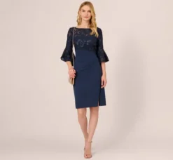 Adrianna Papell Wedding Guest Dresses|Day Dresses*Sequin Floral Lace Dress With Sheer Bell Sleeves In