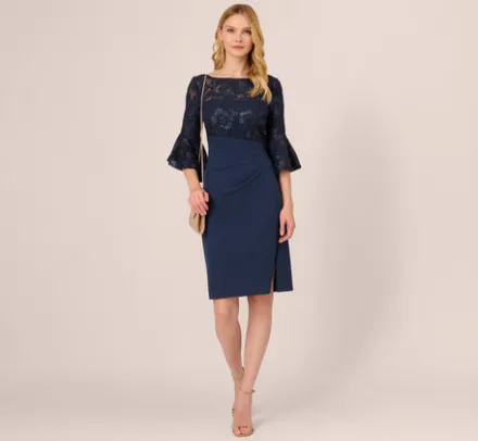 Adrianna Papell Wedding Guest Dresses|Day Dresses*Sequin Floral Lace Dress With Sheer Bell Sleeves In