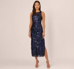 Adrianna Papell Wedding Guest Dresses|Formal Dresses*Sequin Leaf Halter Column Gown With Sheer Neckline In Navy Black