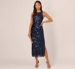 Adrianna Papell Wedding Guest Dresses|Formal Dresses*Sequin Leaf Halter Column Gown With Sheer Neckline In Navy Black