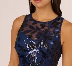 Adrianna Papell Wedding Guest Dresses|Formal Dresses*Sequin Leaf Halter Column Gown With Sheer Neckline In Navy Black