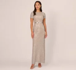 Adrianna Papell Wedding Guest Dresses|Formal Dresses*Sequin Short Sleeve Column Gown With Embellished Waist In Silver Nude