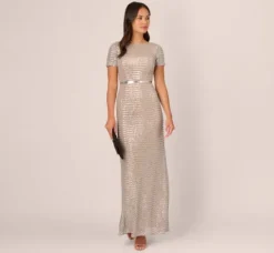Adrianna Papell Wedding Guest Dresses|Formal Dresses*Sequin Short Sleeve Column Gown With Embellished Waist In Silver Nude