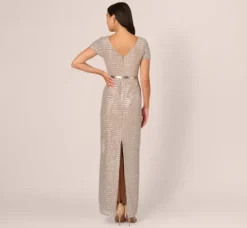 Adrianna Papell Wedding Guest Dresses|Formal Dresses*Sequin Short Sleeve Column Gown With Embellished Waist In Silver Nude
