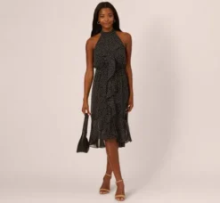 Adrianna Papell Wedding Guest Dresses|Day Dresses*Shirred Dot Chiffon Midi Dress In Black Ivory