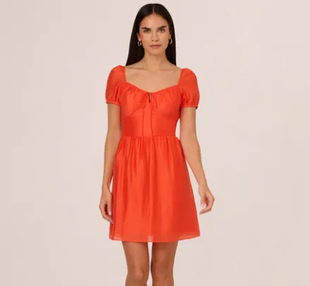 Adrianna Papell Wedding Guest Dresses|Day Dresses*Shirred Fit And Flare Dress With Puff Short Sleeves In Orange Spice