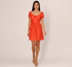 Adrianna Papell Wedding Guest Dresses|Day Dresses*Shirred Fit And Flare Dress With Puff Short Sleeves In Orange Spice