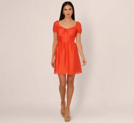 Adrianna Papell Wedding Guest Dresses|Day Dresses*Shirred Fit And Flare Dress With Puff Short Sleeves In Orange Spice