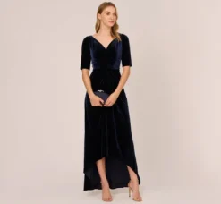 Adrianna Papell Wedding Guest Dresses|Formal Dresses*Shirred Velvet Gown With Elbow-Length Sleeves In