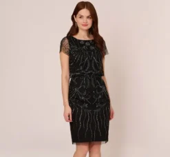 Adrianna Papell Wedding Guest Dresses|Petite-Friendly*Short Sleeve Beaded Cocktail Dress With Popover In Black Gunmetal