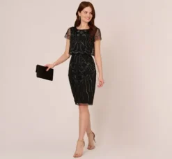 Adrianna Papell Wedding Guest Dresses|Petite-Friendly*Short Sleeve Beaded Cocktail Dress With Popover In Black Gunmetal