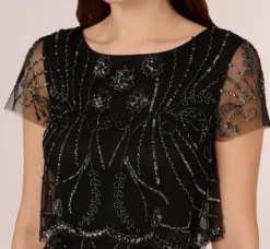 Adrianna Papell Wedding Guest Dresses|Petite-Friendly*Short Sleeve Beaded Cocktail Dress With Popover In Black Gunmetal
