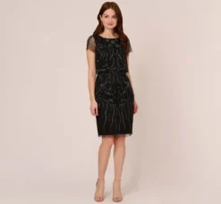Adrianna Papell Wedding Guest Dresses|Petite-Friendly*Short Sleeve Beaded Cocktail Dress With Popover In Black Gunmetal