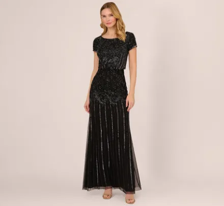 Adrianna Papell Wedding Guest Dresses|Formal Dresses*Short Sleeve Blouson Beaded Gown In Black Gunmetal