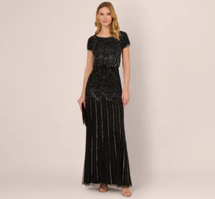 Adrianna Papell Wedding Guest Dresses|Formal Dresses*Short Sleeve Blouson Beaded Gown In Black Gunmetal