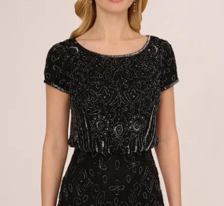Adrianna Papell Wedding Guest Dresses|Formal Dresses*Short Sleeve Blouson Beaded Gown In Black Gunmetal