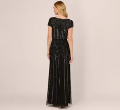 Adrianna Papell Wedding Guest Dresses|Formal Dresses*Short Sleeve Blouson Beaded Gown In Black Gunmetal