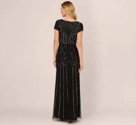 Adrianna Papell Wedding Guest Dresses|Formal Dresses*Short Sleeve Blouson Beaded Gown In Black Gunmetal