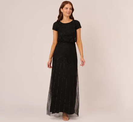 Adrianna Papell Wedding Guest Dresses|Formal Dresses*Short Sleeve Blouson Beaded Gown In