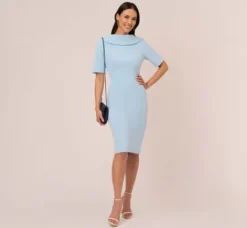 Adrianna Papell Wedding Guest Dresses|Day Dresses*Short Sleeve Crepe Dress With Rolled Neck In Blue Mist