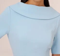 Adrianna Papell Wedding Guest Dresses|Day Dresses*Short Sleeve Crepe Dress With Rolled Neck In Blue Mist