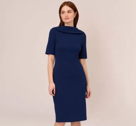 Adrianna Papell Wedding Guest Dresses|Day Dresses*Short Sleeve Crepe Dress With Rolled Neck In Navy Sateen